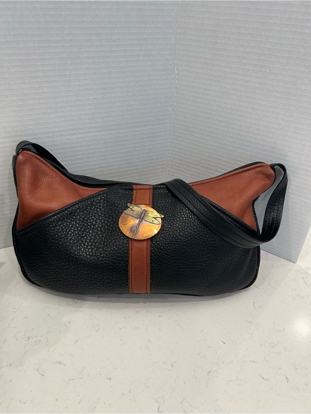 Two-Tone Handmade Leather Shoulder Bag with Copper Dragonfly Detail - Picture 2 of 16